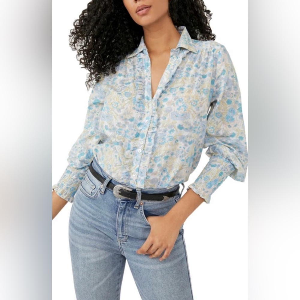 Free People Wild Gardenia Cotton Ruffle Blouse Top Large Blue